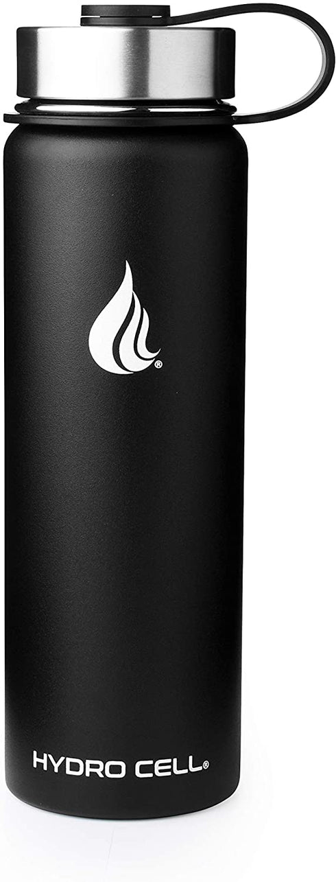 HYDRO CELL Stainless Steel Water Bottle w/ Straw & Wide Mouth Lids (64oz 40oz 32oz 24oz 18oz 14oz) - Keeps Liquids Perfectly Hot or Cold with Double Wall Vacuum Insulated Sweat Proof Sport Design (Black 24oz)