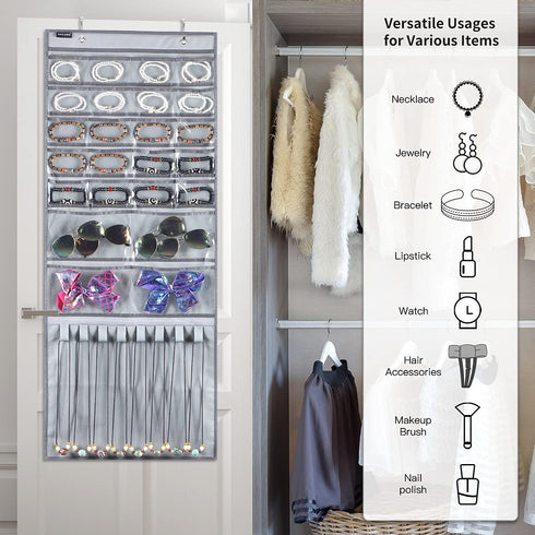 ANZORG Over The Door Hanging Jewelry Organizer Wall Mounted Earring Holder with 24 Clear Pockets and 8 Hook Loops for Necklace Bracelet Ring (24 Pockets and 8 Hook Loops-Grey)