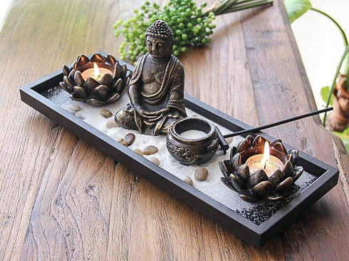 Royal Brands™ Zen Garden with Buddha, Rake, Tea Light Candle and Incense Holder Peace and Tranquility (14.5"x5"x7")