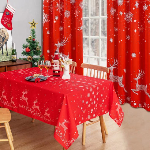 TOMORO Rectangle Christmas Tablecloth - Xmas Themed Reindeer & Snowflake Print Tablecloth Table Cover for Holiday Dinner Party Kitchen Decoration, 60 x 84 inch