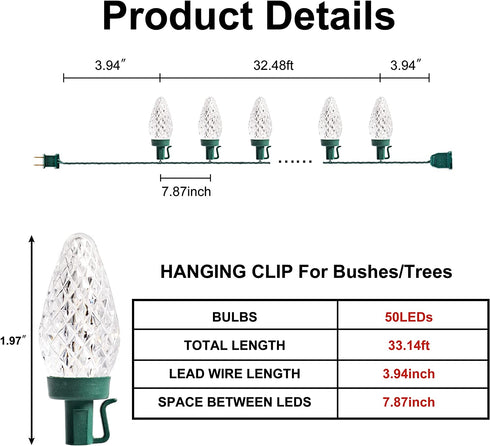50 LED C9 Christmas String Lights, 33.14FT Fairy String Lights, Extendable Green Wire String Lights for Indoor and Outdoor, Holiday Christmas Tree Wedding Party Bedroom Decorations (Warm White)