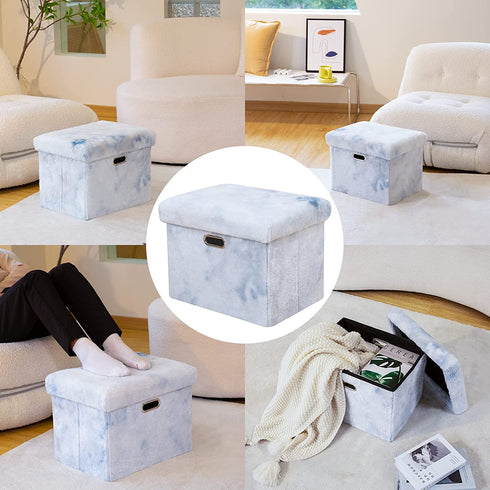 STORAGEPLUS 17 inches Faux Fur Storage Ottoman Foot Rest Small Bench,Light Gray Tie Dye Foldable Footstool,SPS02-GRY-US¦