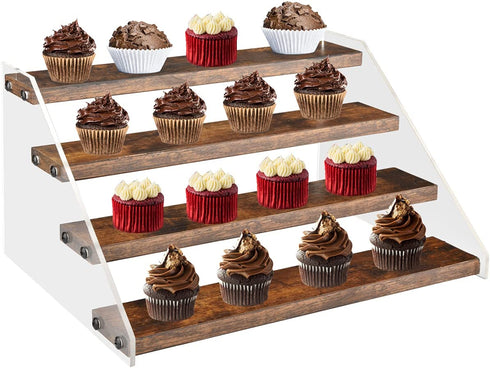 Bcozlux Wood Display Stand, 4 Tier Clear Acrylic Display Shelf Riser Organizer for Vendors, Pop Figures, Cupcakes, Collectibles Storage, Rustic Brown and Black