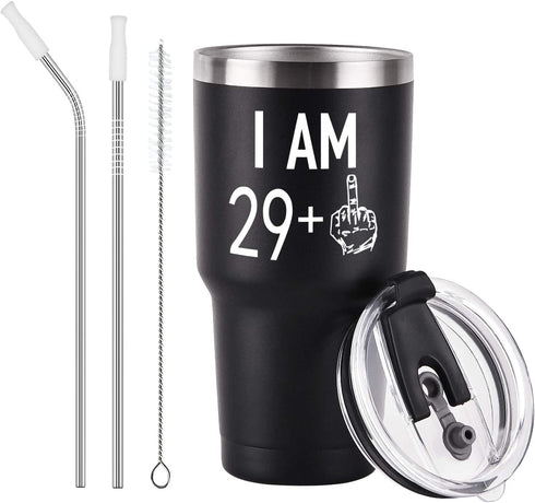 29 Plus One Middle Finger Mug Tumbler for Men Women, Funny Turning 30 Years Old Bday Tumbler Idea for Wife Friends Sister Coworker, 30 Oz Stainless Steel Insulated Travel Tumbler, Black