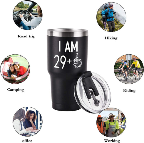 29 Plus One Middle Finger Mug Tumbler for Men Women, Funny Turning 30 Years Old Bday Tumbler Idea for Wife Friends Sister Coworker, 30 Oz Stainless Steel Insulated Travel Tumbler, Black