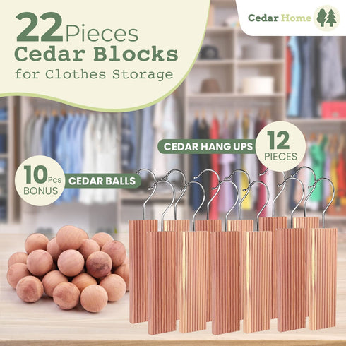 Cedar Hyde Cedar Blocks for Clothes Storage | Cedar Hang Ups & Cedar Balls | Clothes Protection & Deodorizer | 22 Pieces, 12 Cedar Hang Ups & Bonus 10 Cedar Balls | U.S.A Seller