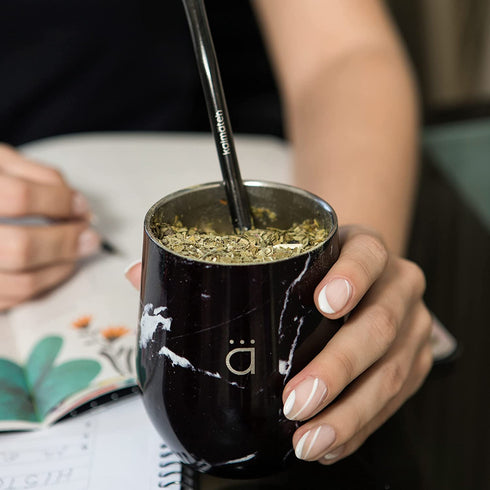 Kalmateh Yerba Mate Gourd - Double Walled Stainless Steel with BPA Free Lid, Bombilla Filter Straw & Bombilla Cleaner (Black Marble, 8 oz)