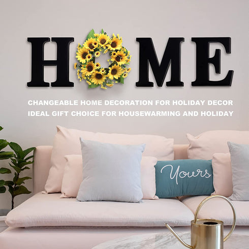 12 Inch Wood Home Letters with Sunflower Wreath for O, Wall Hanging Large Wooden Home Sign, Rustic Wall Decor for Living Room Kitchen Entryway, House Decorative Artificial Sunflower Wall Decoration