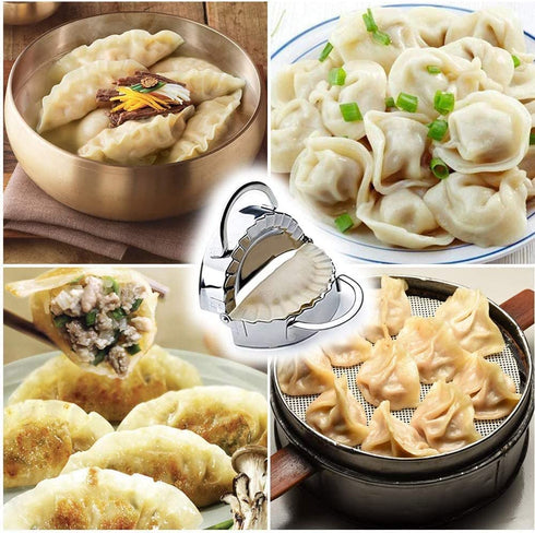 Dumplings Maker 8 PCs Stainless Steel, Empanada Press Mold Set and Cutter for Chinese Wonton Pie Ravioli Pierogi, Gyoza Dough Pastry Wrappers Pot Stickers Skin Manual Stuffing Spoon Flour Ring Tools