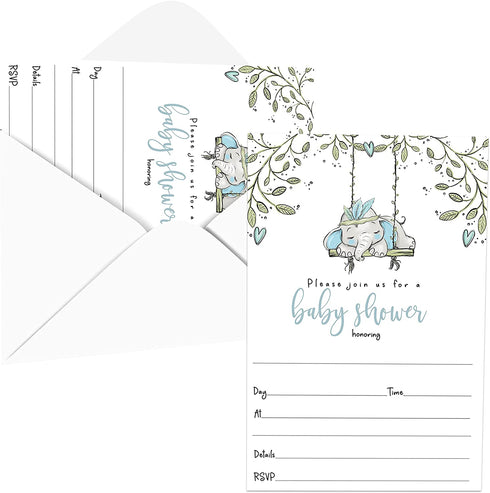 Elephant Baby Shower Invitations Boys - Pack of 25 Invites with Envelopes Rustic, Greenery Jungle Animal Party Theme Handwrite Details Blank Set DIY