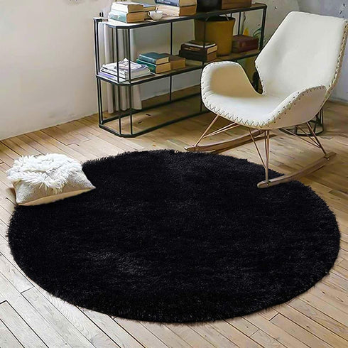 YOH Fluffy Soft Round Area Rugs for Kids Girls Room Princess Castle Plush Shaggy Carpet Cute Circle Furry Nursery Rug for Teen's Bedroom Living Room Home Decor Big Circular Floor Carpet 4'x4' Black