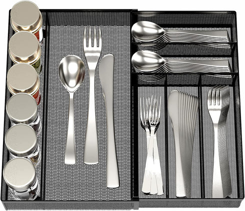 JANE EYRE Sturdy Utensil Drawer Organizer, Cutlery Tray, Silverware/Flatware Storage Divider for Kitchen, Mesh Designing with Non-slip Rubber Feet (Black)
