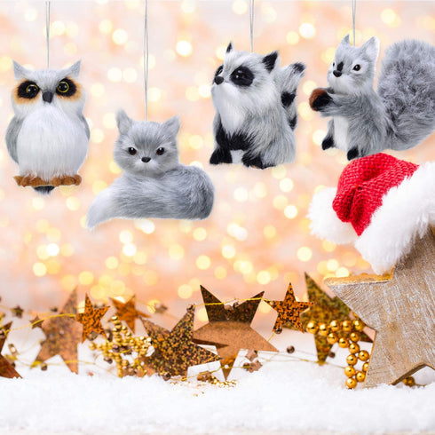 4 Pieces Plush Animal Ornament Woodland Fur Animal Ornaments Furry Animal Ornament Christmas Hanging Ornament for Christmas Tree Decoration (Brown)
