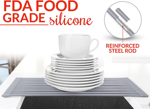 Zulay Kitchen Large 20.5" Roll Up Dish Drying Rack - Heavy Duty Silicone Wrapped Steel Rods Over Sink Dish Drying Rack - Versatile Roll Up Sink Drying Rack & Trivet - Red