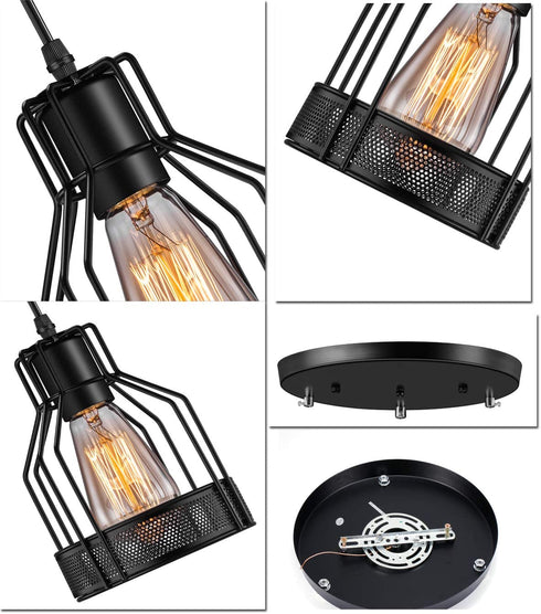Licperron Pendant Light Fixtures 3-Light, Kitchen Light Fixtures, Edison Metal Caged Vintage Hanging Pendant Fixture for Kitchen Dining Room Bar Hotel, E26 Base