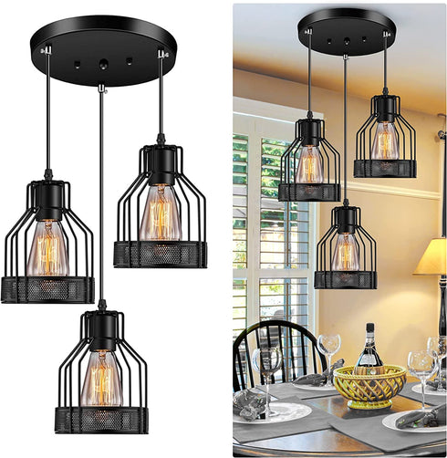 Licperron Pendant Light Fixtures 3-Light, Kitchen Light Fixtures, Edison Metal Caged Vintage Hanging Pendant Fixture for Kitchen Dining Room Bar Hotel, E26 Base