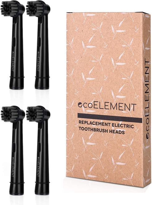 ecoELEMENT Compatible Oral B Black Replacement Heads - Pack of 4 Recyclable Charcoal Brush Heads for Oral Hygiene, Black