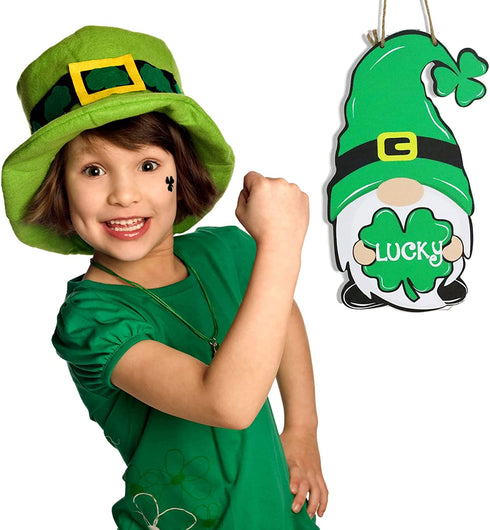 Gigoitly St Patrick Day Sign Saint Patrick Day Hat Wreath Gnomes Door Wreaths Wooden for St Patrick Decorations