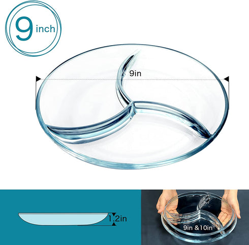 NUTRIUPS Glass Divided Plate Round Compartment Plate Glass Compartment Plates Divided Plate for Lunch Plates with Dividers Round Portion Plates, 9 In