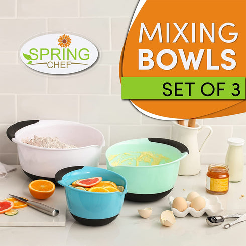 Spring Chef - Mixing Bowls with Soft Grip Handles, Prep Bowls for Baking and Cooking, Mixing Bowl with Pour Spout and Non-skid Bottom, Set of 3, Blue, Mint and White