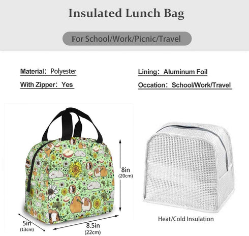 Guinea Pigs And Flowers Lunch Bag For Women Girls Kids Insulated Picnic Pouch Thermal Cooler Tote Bento Large Meal Prep Cute Bag Big Leakproof Soft Bags For Lunch Box, Camping, Travel, Fishing