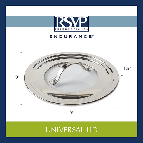 RSVP International Endurance Universal Lid with Glass Insert, Stainless Steel, Fits 5.5" - 9" | Secure Tempered Glass | Fits Frying, Sauté, Sauce, Stock Pots & Pans | Dishwasher & Oven Safe