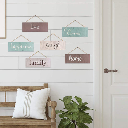 EXCELLO GLOBAL PRODUCTS Hanging Home Decor Sign with Sawtooth Hook and Jute Hanging Rope (Home, Family, Love, Laugh, Live, Happiness in Neutral Colorway)