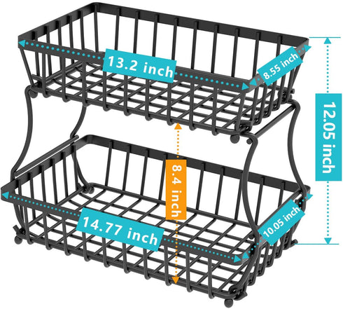 Apsan 2 Tier Fruit Storage Basket Countertop for Kitchen, Bread Vegetable Fruit Basket Bowl Stand Detachable Metal Rectangular Wire Basket, Black Medium