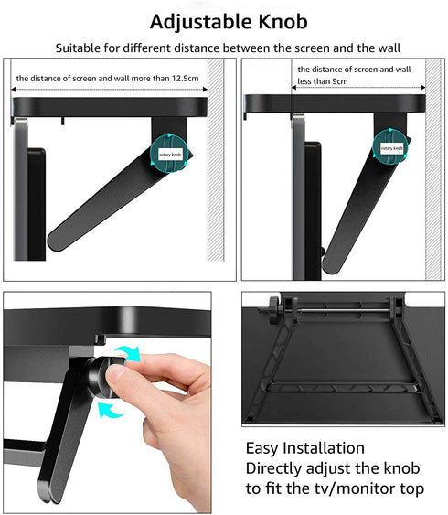 TV Top Shelf Monitor Shelves, Baffect 2pcs Adjustable TV Top Mount Storage Bracket Computer Screen Caddy Top Shelf for WiFi Router,Remote Control,Media Box,Plant (Black,11.8 inches