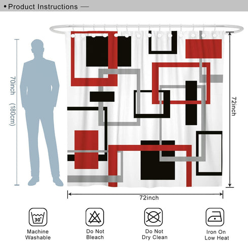 DESIHOM Red Geometric Shower Curtain with 12 Rust-Resistant Metal Glide Shower Hooks, Black/Red Modern Shower Curtain Polyester Fabric-72" x 72"