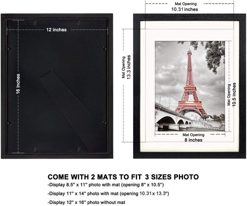 Luxdart 12x16 Frames with Mat to Display 11x14 Picture or 8.5x11 Photo 12 x 16 Black Solid Wood Picture Frame Wall Art for Living Room Wall Mount and Tabletop Decor(2 Mats)