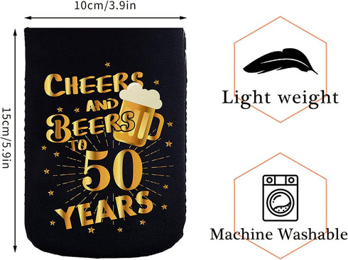 JOELELI 50th Birthday Party Decorations Can Cooler Sleeves, Neoprene Can Sleeves for Beer - 50th Anniversary Decorations and Birthday Gift for Men & Women, Black & Gold (12 Pcs)