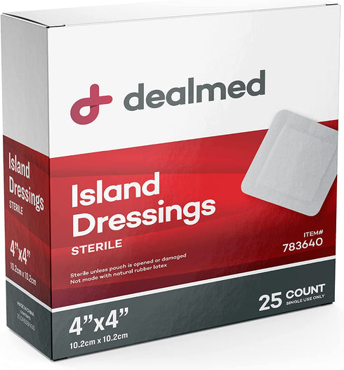Dealmed Sterile Bordered Gauze Island Dressings – 25 Count, 4" x 4" Gauze Pads, Disposable, Latex-Free, Adhesive Borders with Non-Stick Pads, Wound Dressing for First Aid Kit and Medical Facilities