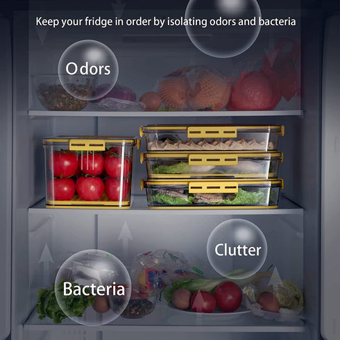 Refrigerator Organizer Bins,Stackable Produce Saver Organizer Bin Storage Containers with Removable Drain Tray for Fridge, Cabinets, Countertops and Pantry(Yellow-M)