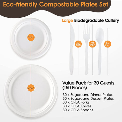 FOCUSLINE 150 Piece Compostable Plates Set Biodegradable Utensils, Heavy Duty Disposable Sugarcane Plates Eco Friendly CPLA Cutlery, Disposable Dinnerware Set for Party, Camping, Picnic