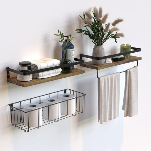 Tissue Basket Wall Shelves Set by RicherHouse, Rustic Brown Floating Wall Shelves with Towel Bar, Farmhouse Wall Mounted Storage for Bathroom, Kitchen and Bedroom (Set of 3)