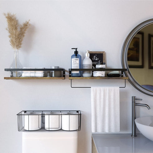 Tissue Basket Wall Shelves Set by RicherHouse, Rustic Brown Floating Wall Shelves with Towel Bar, Farmhouse Wall Mounted Storage for Bathroom, Kitchen and Bedroom (Set of 3)