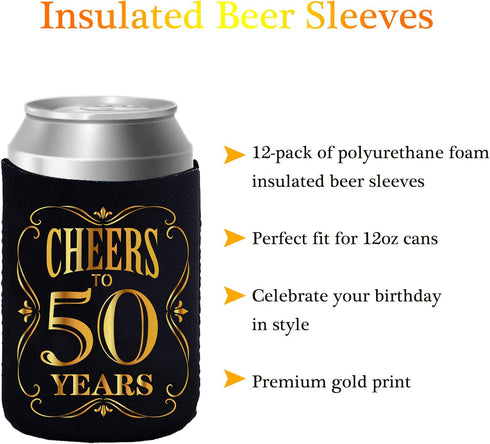 JOELELI 50th Birthday Party Decorations Can Cooler Sleeves, Neoprene Can Sleeves for Beer - 50th Anniversary Decorations and Birthday Gift for Men & Women, Black & Gold (12 Pcs)