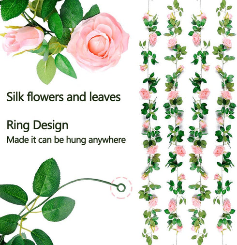 Meiliy 4 Pack 6.6 FT Fake Rose Vine Flowers Plants Artificial Flower Home Hotel Office Wedding Party Garden Craft Art Decor (Blush Pink Rose Garland 4 PCS)