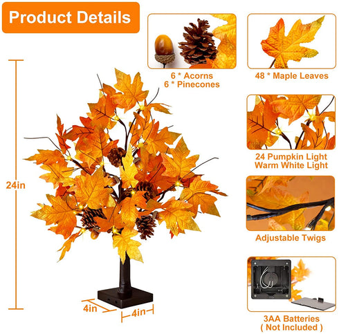 CKE 24 Inch Artificial Fall Tree Lighted Maple Tree Battery USB Operated w/Timer, 24 LED Thanksgiving Decorations Table Lights Tree for Autumn Wedding Party Gift Indoor Outdoor Harvest Home Decoration