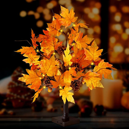 CKE 24 Inch Artificial Fall Tree Lighted Maple Tree Battery USB Operated w/Timer, 24 LED Thanksgiving Decorations Table Lights Tree for Autumn Wedding Party Gift Indoor Outdoor Harvest Home Decoration