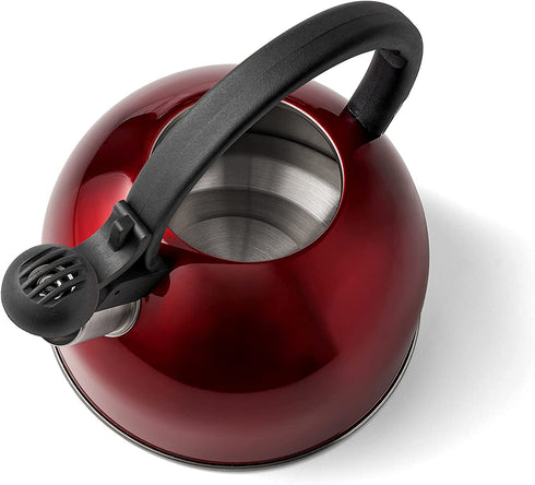 Diamond Home 2.5 Liter Stainless Steel Whistling Tea Kettle - Modern Stainless Steel Whistling Tea Pot for Stovetop with Cool Grip Ergonomic Handle - Red