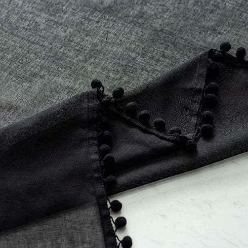 MISS SELECTEX Linen Look Pom Pom Tasseled Sheer Curtains - Rod Pocket Voile Semi-Sheer Curtains for Living and Bedroom, Set of 2 Curtain Panels (52 x 63 inch, Black)