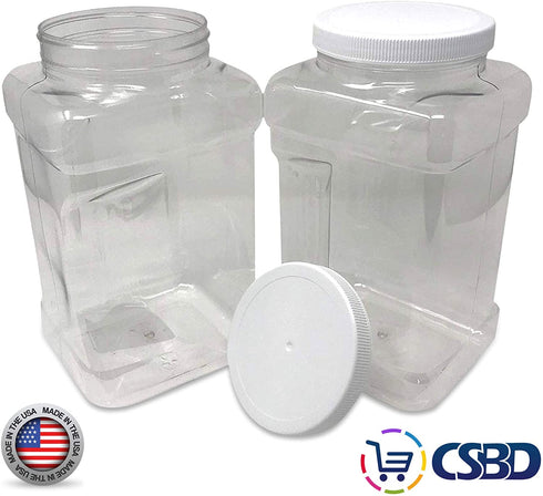 CSBD 1 Gallon Clear Plastic Jars with Ribbed Liner Screw On Lids, BPA Free, PET Plastic, Made in USA, Bulk Storage Containers 2 Pack (1 Gallon (Square))