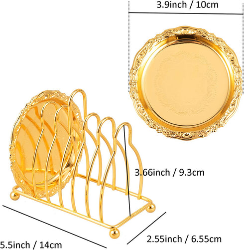 Feyarl Gold Set of 6pcs Drink Coasters Plates Coffee Cup Coasters with Rack Non-Slip Metal Cup Mats Tabletop Display for Coffee Tabletop Bar Living Room Home Deco Kitchen