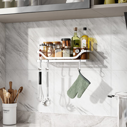 FANHAO Shower Caddy Adhesive with Hooks, Rustproof SUS304 Stainless Steel Bathroom Shelf Storage Organizer for Shampoo Conditioner, Kitchen Shelf Rack No Drilling Wall Mounted