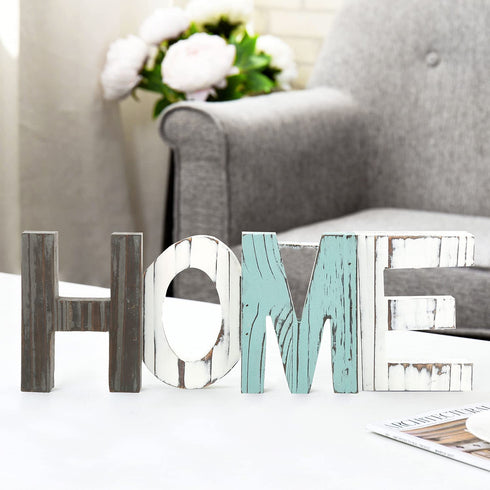 MyGift Rustic Home Sign Wall Decor, Mantel, Tabletop Multicolor Wood Cutout Block Letters