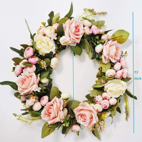 Rose Wreath Floral Wreath Classic Handmade Flowers for Front Door Wall Wedding Party Christmas Home Decor (13"-Pink)