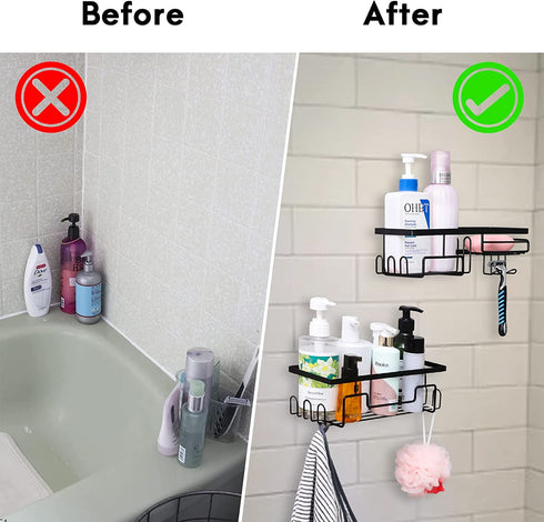 BBtang Shower Caddy, Shower Organizer Adhesive Wall Mounted Shelf with 11 Hooks, No Drilling Black Shower Racks Basket Shelves Stainless Steel Bathroom Storage Shampoo Holder for Toilet Kitchen 2 Pack