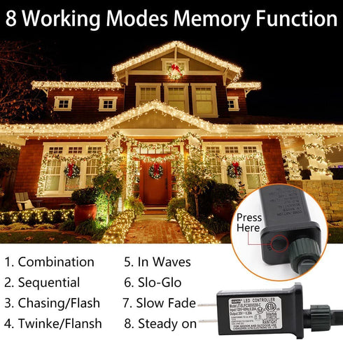 Outdoor Christmas Lights, 105FT 300 LED Christmas Tree Lights Indoor with 8 Modes, End-to-End Plug - UL Certified - Waterproof Fairy String Lights for Xmas Tree Decorations Garden Party, Warm White
